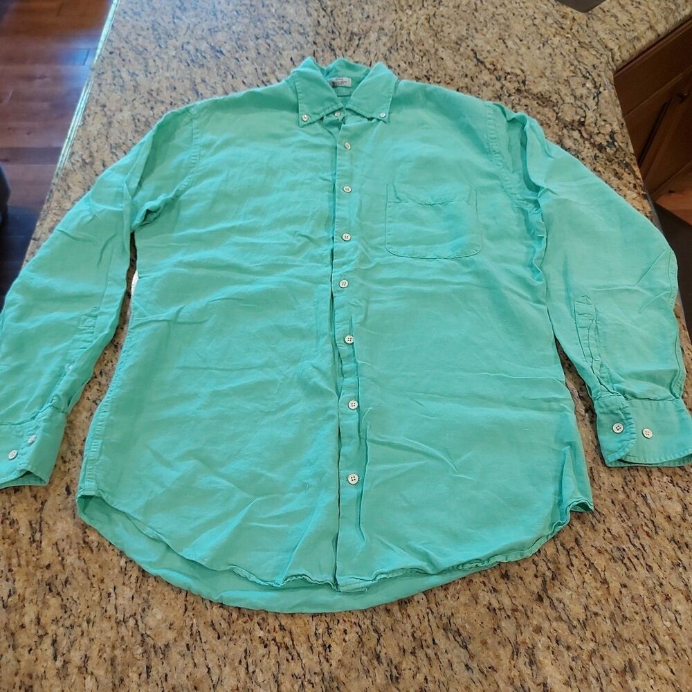 PETER MILLAR Men's Green Long Sleeve Button Up Shirt Size Medium Linen/Silk